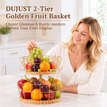 Load image into Gallery viewer, DUJUST 2 Tier Fruit Basket with Banana Hooks, 12in Golden Fruit Stand