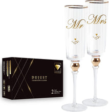 Load image into Gallery viewer, DUJUST Crystal Glass Wedding Champagne Flutes, Mr & Mrs Champagne Glasses with Handcrafted Gold Rim & Diamond Design, Square Bride and Groom Champagne Flutes, Valentine's Day Gift, Gift Package