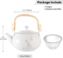 Load image into Gallery viewer, DUJUST Japanese Tea Pot, White Porcelain Chinese Teapot with Stainless Infuser, Cute Tea Pot for Adults, Tea Lover/Women/Men (Plum in Golden)
