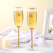 Load image into Gallery viewer, DUJUST Crystal Glass Wedding Champagne Flutes, Mr & Mrs Champagne Glasses with Handcrafted Gold Rim & 24K Gold Leaf Flakes, Square Bride and Groom Champagne Flutes, Valentine's Day Gift, Gift Package