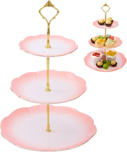 Load image into Gallery viewer, DUJUST Luxury Porcelain 3-Tier Cupcake Stand Tower, British Style Serving Tray with Golden Trim, Food Grade Dessert Display Stand, Beautiful Gift for Tea Party & Home Décor - Gradient Pink