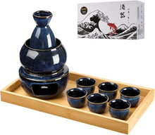 Load image into Gallery viewer, DUJUST 11 pcs Japanese Sake Set for 6, Kiln Altered Glaze Porcelain Sake Set, 6 Sake Cups, 1 Sake Bottle, 1 Warmer, 1 Candle Stove, 1 Tray & 1 Box, Warm Sake Carafe, Special Japanese Gifts Set - Darkblue