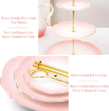 Load image into Gallery viewer, DUJUST Luxury Porcelain 3-Tier Cupcake Stand Tower, British Style Serving Tray with Golden Trim, Food Grade Dessert Display Stand, Beautiful Gift for Tea Party & Home Décor - Gradient Pink