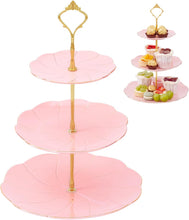 Load image into Gallery viewer, DUJUST Luxury Porcelain 3-Tier Cupcake Stand Tower, British Style Serving Tray with Golden Trim, Food Grade Dessert Display Stand, Beautiful Gift for Tea Party & Home Décor - Pink
