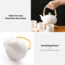 Load image into Gallery viewer, DUJUST Japanese Tea Pot, White Porcelain Chinese Teapot with Stainless Infuser, Cute Tea Pot for Adults, Tea Lover/Women/Men (Plum in Golden)