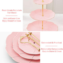 Load image into Gallery viewer, DUJUST Luxury Porcelain 3-Tier Cupcake Stand Tower, British Style Serving Tray with Golden Trim, Food Grade Dessert Display Stand, Beautiful Gift for Tea Party & Home Décor - Pink