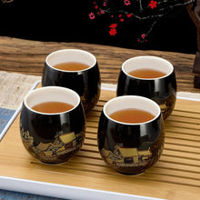 Load image into Gallery viewer, DUJUST Traditional Japanese Tea Cups Set of 4, Black Porcelain Chinese Tea Cups, Beautiful Asian Tea Cup Gift for Adults, Tea Lover/Women/Men (Countryside in Golden)