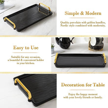 Load image into Gallery viewer, DUJUST Porcelain Serving Tray with Golden Handles, Modern Nordic Style Coffee Table Tray, Beautiful Tea Trays Decor for Living Room, Easy to Use & Clean - Black