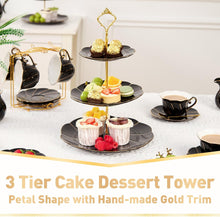 Load image into Gallery viewer, DUJUST Luxury Porcelain 3-Tier Cupcake Stand Tower, British Style Serving Tray with Golden Trim, Food Grade Dessert Display Stand, Beautiful Gift for Tea Party & Home Décor - Black