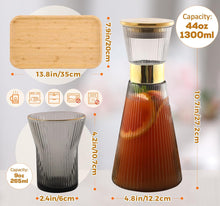 Load image into Gallery viewer, DUJUST Ribbed Black Glass Carafe Set, Elegant Water Carafe with Gold Decoration, 1 Crystal Glass Carafe with Golden Lid (44oz), 4 Cups & 1 Tray, with Thickened Bottom, Food-Grade Silicone, Leak-Proof