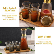 Load image into Gallery viewer, DUJUST Ribbed Black Glass Carafe Set, Elegant Water Carafe with Gold Decoration, 1 Crystal Glass Carafe with Golden Lid (44oz), 4 Cups & 1 Tray, with Thickened Bottom, Food-Grade Silicone, Leak-Proof
