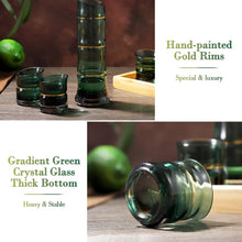 Load image into Gallery viewer, DUJUST Japanese Sake Set for 4, Bamboo Design in Golden Trim, 1 Sake Bottle, 1 Wooden Sake Tray, and 4 Sake Cups (Gradient Green)