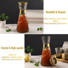 Load image into Gallery viewer, DUJUST Ribbed Black Glass Carafe Set, Elegant Water Carafe with Gold Decoration, 1 Crystal Glass Carafe with Golden Lid (44oz), 4 Cups & 1 Tray, with Thickened Bottom, Food-Grade Silicone, Leak-Proof