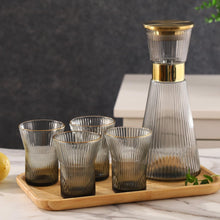 Load image into Gallery viewer, DUJUST Ribbed Black Glass Carafe Set, Elegant Water Carafe with Gold Decoration, 1 Crystal Glass Carafe with Golden Lid (44oz), 4 Cups & 1 Tray, with Thickened Bottom, Food-Grade Silicone, Leak-Proof