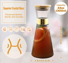 Load image into Gallery viewer, DUJUST Ribbed Black Glass Carafe with Golden Lid (44oz), Elegant Water Carafe with Gold Decoration, Crystal Glass Carafe, with Thickened Bottom, for Juice, Milk, Tea, Food-Grade Silicone, Leak-proof
