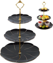 Load image into Gallery viewer, DUJUST Luxury Porcelain 3-Tier Cupcake Stand Tower, British Style Serving Tray with Golden Trim, Food Grade Dessert Display Stand, Beautiful Gift for Tea Party & Home Décor - Black