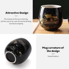 Load image into Gallery viewer, DUJUST Traditional Japanese Tea Cups Set of 4, Black Porcelain Chinese Tea Cups, Beautiful Asian Tea Cup Gift for Adults, Tea Lover/Women/Men (Countryside in Golden)