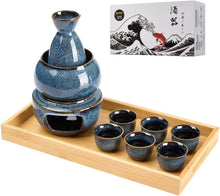 Load image into Gallery viewer, DUJUST 11 pcs Japanese Sake Set for 6, Kiln Altered Glaze Porcelain Sake Set, 6 Sake Cups, 1 Sake Bottle, 1 Warmer, 1 Candle Stove, 1 Tray & 1 Box, Warm Sake Carafe, Special Japanese Gifts Set - Blue