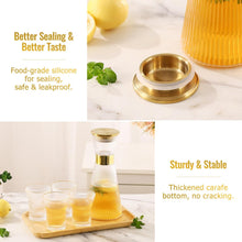 Load image into Gallery viewer, DUJUST Ribbed Glass Carafe Set, Elegant Water Carafe with Gold Decoration, 1 Crystal Glass Carafe with Golden Lid (44oz), 4 Cups & 1 Tray, with Thickened Bottom, Food-Grade Silicone, Leak-Proof