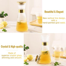 Load image into Gallery viewer, DUJUST Ribbed Glass Carafe Set, Elegant Water Carafe with Gold Decoration, 1 Crystal Glass Carafe with Golden Lid (44oz), 4 Cups & 1 Tray, with Thickened Bottom, Food-Grade Silicone, Leak-Proof