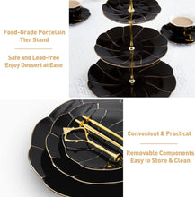Load image into Gallery viewer, DUJUST Luxury Porcelain 3-Tier Cupcake Stand Tower, British Style Serving Tray with Golden Trim, Food Grade Dessert Display Stand, Beautiful Gift for Tea Party & Home Décor - Black