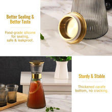 Load image into Gallery viewer, DUJUST Ribbed Black Glass Carafe with Golden Lid (44oz), Elegant Water Carafe with Gold Decoration, Crystal Glass Carafe, with Thickened Bottom, for Juice, Milk, Tea, Food-Grade Silicone, Leak-proof