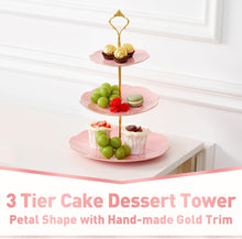 Load image into Gallery viewer, DUJUST Luxury Porcelain 3-Tier Cupcake Stand Tower, British Style Serving Tray with Golden Trim, Food Grade Dessert Display Stand, Beautiful Gift for Tea Party & Home Décor - Pink