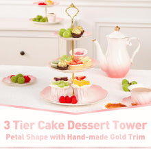 Load image into Gallery viewer, DUJUST Luxury Porcelain 3-Tier Cupcake Stand Tower, British Style Serving Tray with Golden Trim, Food Grade Dessert Display Stand, Beautiful Gift for Tea Party & Home Décor - Gradient Pink