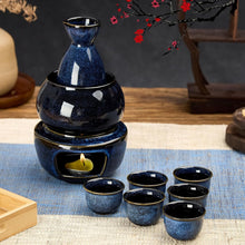 Load image into Gallery viewer, DUJUST 11 pcs Japanese Sake Set for 6, Kiln Altered Glaze Porcelain Sake Set, 6 Sake Cups, 1 Sake Bottle, 1 Warmer, 1 Candle Stove, 1 Tray & 1 Box, Warm Sake Carafe, Special Japanese Gifts Set - Darkblue