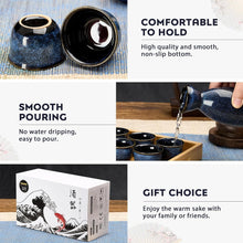 Load image into Gallery viewer, DUJUST 11 pcs Japanese Sake Set for 6, Kiln Altered Glaze Porcelain Sake Set, 6 Sake Cups, 1 Sake Bottle, 1 Warmer, 1 Candle Stove, 1 Tray & 1 Box, Warm Sake Carafe, Special Japanese Gifts Set - Darkblue