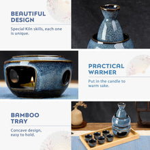 Load image into Gallery viewer, DUJUST 11 pcs Japanese Sake Set for 6, Kiln Altered Glaze Porcelain Sake Set, 6 Sake Cups, 1 Sake Bottle, 1 Warmer, 1 Candle Stove, 1 Tray & 1 Box, Warm Sake Carafe, Special Japanese Gifts Set - Blue