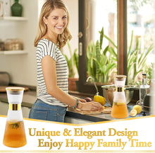 Load image into Gallery viewer, DUJUST Ribbed Glass Carafe with Golden Lid (44oz), Elegant Water Carafe with Gold Decoration, Crystal Glass Carafe, with Thickened Bottom, for Juice, Milk, Tea, Food-Grade Silicone, Leak-proof