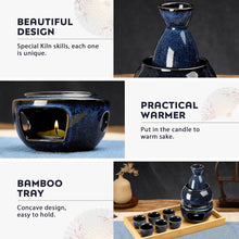 Load image into Gallery viewer, DUJUST 11 pcs Japanese Sake Set for 6, Kiln Altered Glaze Porcelain Sake Set, 6 Sake Cups, 1 Sake Bottle, 1 Warmer, 1 Candle Stove, 1 Tray & 1 Box, Warm Sake Carafe, Special Japanese Gifts Set - Darkblue