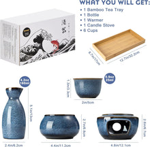Load image into Gallery viewer, DUJUST 11 pcs Japanese Sake Set for 6, Kiln Altered Glaze Porcelain Sake Set, 6 Sake Cups, 1 Sake Bottle, 1 Warmer, 1 Candle Stove, 1 Tray & 1 Box, Warm Sake Carafe, Special Japanese Gifts Set - Blue