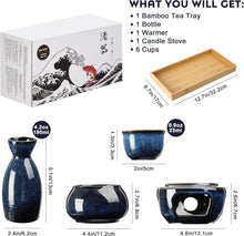 Load image into Gallery viewer, DUJUST 11 pcs Japanese Sake Set for 6, Kiln Altered Glaze Porcelain Sake Set, 6 Sake Cups, 1 Sake Bottle, 1 Warmer, 1 Candle Stove, 1 Tray & 1 Box, Warm Sake Carafe, Special Japanese Gifts Set - Darkblue
