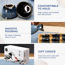 Load image into Gallery viewer, DUJUST 11 pcs Japanese Sake Set for 6, Kiln Altered Glaze Porcelain Sake Set, 6 Sake Cups, 1 Sake Bottle, 1 Warmer, 1 Candle Stove, 1 Tray & 1 Box, Warm Sake Carafe, Special Japanese Gifts Set - Darkblue