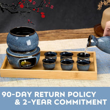 Load image into Gallery viewer, DUJUST 11 pcs Japanese Sake Set for 6, Kiln Altered Glaze Porcelain Sake Set, 6 Sake Cups, 1 Sake Bottle, 1 Warmer, 1 Candle Stove, 1 Tray & 1 Box, Warm Sake Carafe, Special Japanese Gifts Set - Blue