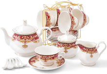 Load image into Gallery viewer, DUJUST 22 pcs Royal Vintage Porcelain Tea Set for 6, Luxury British Tea Sets for Adults with Red Patterns & Golden Trim, Beautiful Floral Tea/Coffee Cup Set, Gift Package - Royal Treat for You