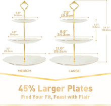 Load image into Gallery viewer, DUJUST Luxury Larger 3-Tier Cupcake Stand Tower, British Style Porcelain Serving Tray with Golden Trim, Food Grade Dessert Display Stand for Tea Party & Home Décor - 45% Larger Plates