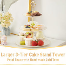 Load image into Gallery viewer, DUJUST Luxury Larger 3-Tier Cupcake Stand Tower, British Style Porcelain Serving Tray with Golden Trim, Food Grade Dessert Display Stand for Tea Party & Home Décor - 45% Larger Plates