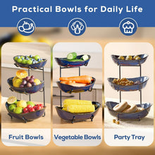 Load image into Gallery viewer, DUJUST 3 Tier Fruit Bowl, Kiln Altered Glaze Ceramic Fruit Stand, Stackable & Easy to Store, Multifunctional Serving Tray for Fruit/Vegetables/Snacks, Microwave & Dishwasher Safe - Dark Blue
