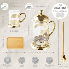 Load image into Gallery viewer, Gold French Press Coffee Maker with 6 Cups, 1 Tray, 34oz