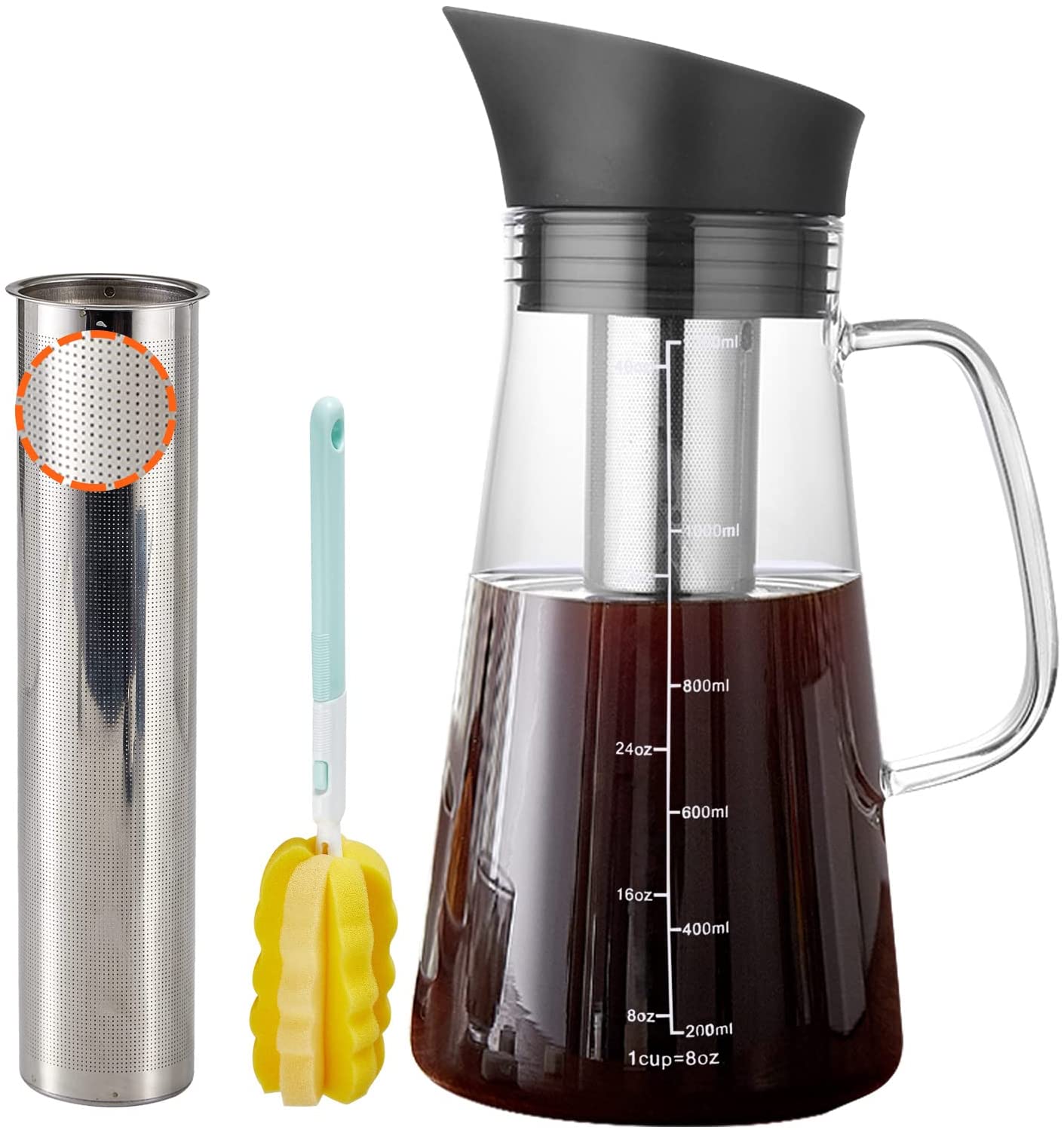  DUJUST Cold Brew Coffee Maker (44oz), Glass Iced Coffee Maker  with Double Silicone Seals, 304 Stainless Steel Filter, Thick Glass Cold  Brew Pitcher, Large Spout Easy to Pour, BPA-Free & Lead-Free 