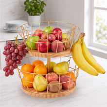 Load image into Gallery viewer, DUJUST 2 Tier Fruit Basket with Banana Hooks, 12in Golden Fruit Stand
