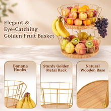 Load image into Gallery viewer, DUJUST 2 Tier Fruit Basket with Banana Hooks, 12in Golden Fruit Stand
