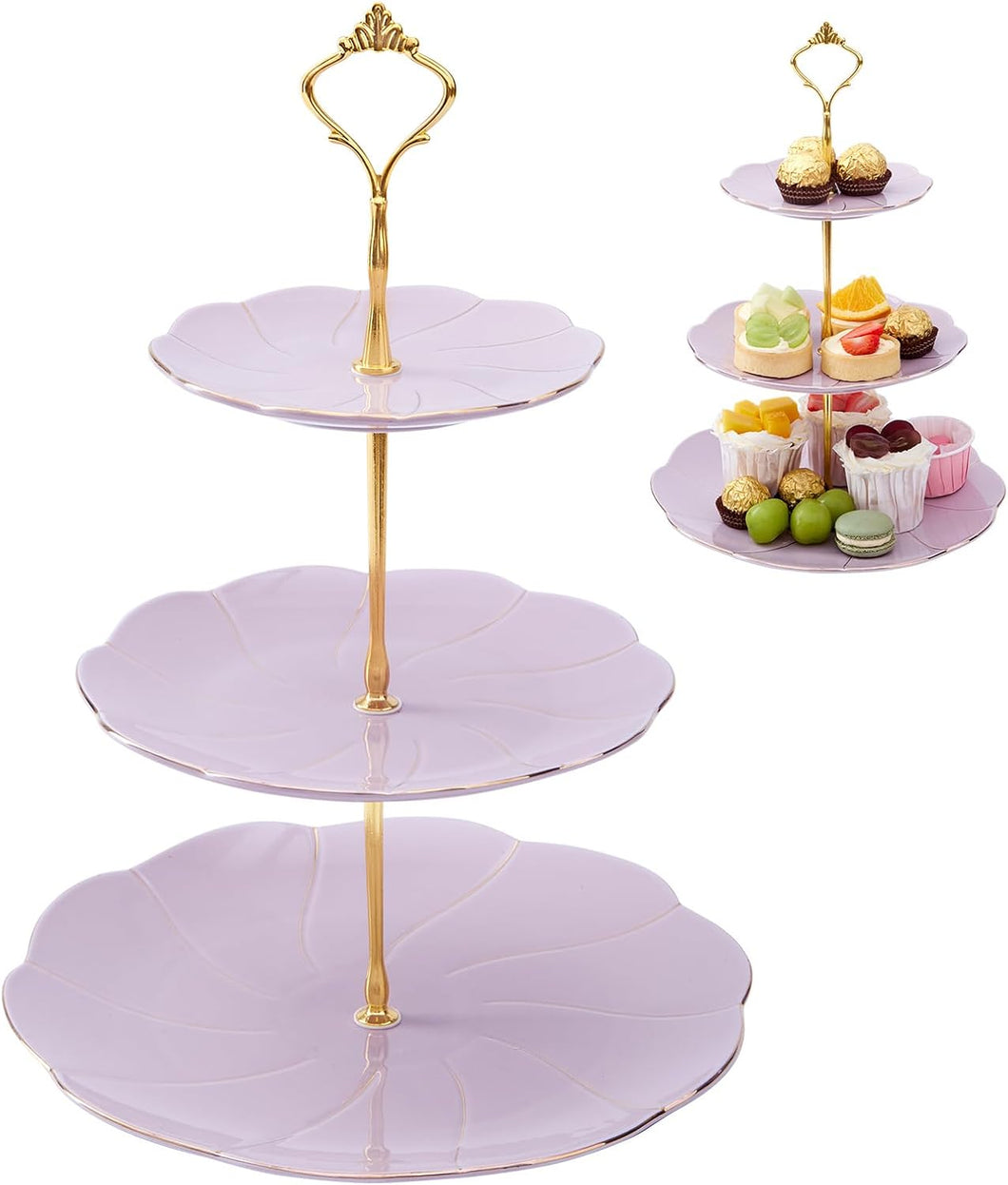 DUJUST Luxury Porcelain 3-Tier Cupcake Stand Tower, British Style Serving Tray with Golden Trim, Food Grade Dessert Display Stand, Beautiful Gift for Tea Party & Home Décor - Purple