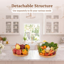 Load image into Gallery viewer, DUJUST 2 Tier Fruit Basket with Banana Hooks, 12in Golden Fruit Stand
