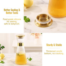 Load image into Gallery viewer, DUJUST Ribbed Glass Carafe with Golden Lid (44oz), Elegant Water Carafe with Gold Decoration, Crystal Glass Carafe, with Thickened Bottom, for Juice, Milk, Tea, Food-Grade Silicone, Leak-proof
