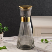 Load image into Gallery viewer, DUJUST Ribbed Black Glass Carafe with Golden Lid (44oz), Elegant Water Carafe with Gold Decoration, Crystal Glass Carafe, with Thickened Bottom, for Juice, Milk, Tea, Food-Grade Silicone, Leak-proof
