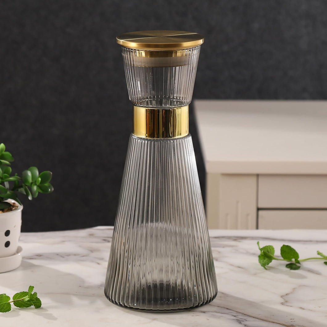 DUJUST Ribbed Black Glass Carafe with Golden Lid (44oz), Elegant Water Carafe with Gold Decoration, Crystal Glass Carafe, with Thickened Bottom, for Juice, Milk, Tea, Food-Grade Silicone, Leak-proof